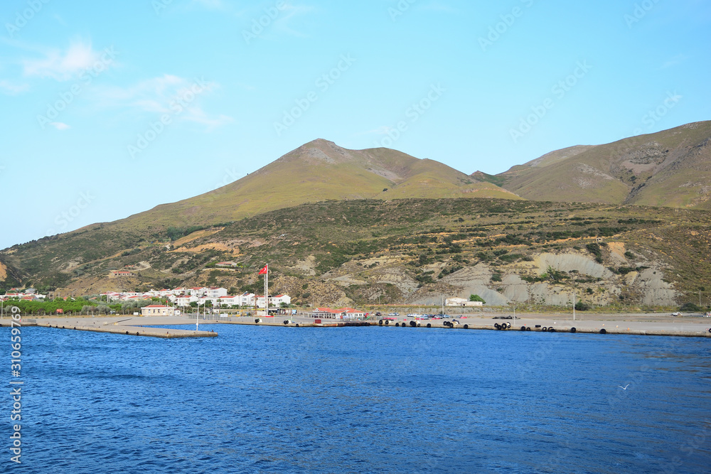 Kuzu Liman harbor - Seascape from turkish aegean island Gokceada made from the ship