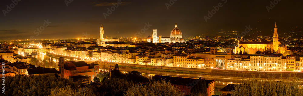 Amazing panoramic night view of Florence city, Italy with the river Arno, Ponte Vecchio, Palazzo Vecchio, Cathedral of Santa Maria del Fiore and Basilica of Santa Croce.