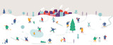 Winter city with people horizontal banner.  Winter outdoor activities - skating, skiing, throwing snowballs, building snowman. Crowd of people in warm clothes flat vector illustration.