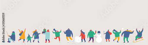 Winter tiny people flat vecor set. Winter outdoor activities - skating, skiing, throwing snowballs, building snowman.