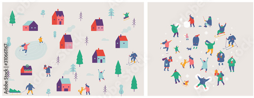 Winter outdoor activities - skating, skiing, throwing snowballs, building snowman. Crowd of tiny people in warm clothes flat vector illustration.