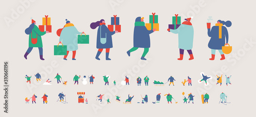 Winter holidays. Crowd of happy people in warm clothes walking with Christmas  gifts. Winter outdoor activities - skating, skiing, throwing snowballs, building snowman.  Flat vector set.
