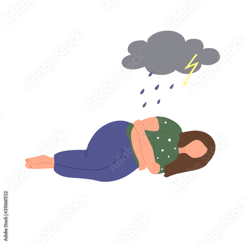 Depressed european young fat woman lays. Sad, unhappy, stressed girl. Stock vector illustration isolated in white background.Mental illness and overweight concept.