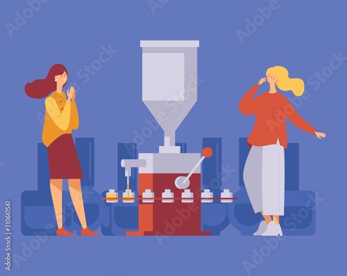 Two women happy near working nail polish filling machine. Concept illustration with modern characters in casual clothes. Isolated on blue background scene good for beauty manufacture