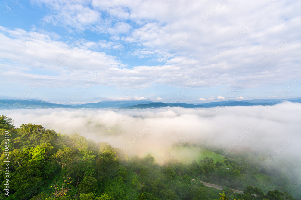 Beautiful mountain of the view point. Scenic beauty with mist in the morning. Phu Pha Nong, Loei, Thailand