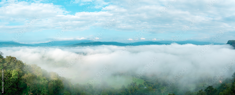 Panorama beautiful mountain of the view point. Scenic beauty with mist in the morning. Phu Pha Nong, Loei, Thailand.