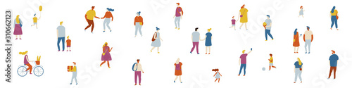 Walking tiny people  flat vector set isolated on white. Men and women, teens, parents. Crowd.