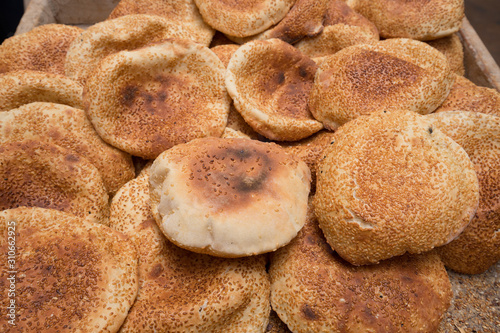 Particular type of bread at a market stall in the historic center of Tripoli, Lebanon - June, 2019