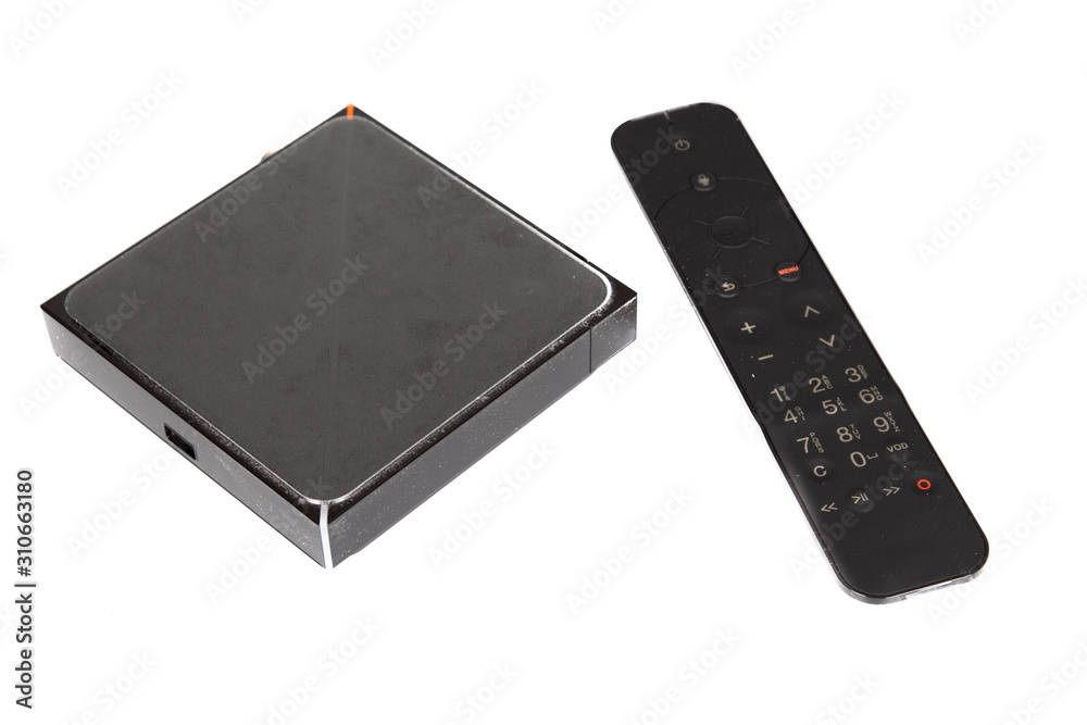 digital TV television via Internet with remote control modern black on white background foto de Stock | Adobe Stock