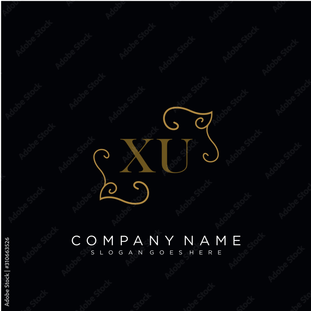 Initial letter XU logo luxury vector mark, gold color elegant classical 