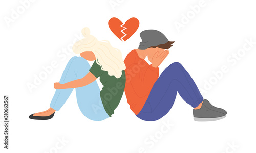 Depressed man and woman in a quarrel. Sad unhappy young couple. Conflicts between husband and wife. Break, divorce, breaking heart vector concept.