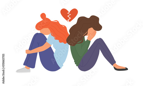 Depressed lesbian couple in a quarrel. Sad unhappy young woman. Conflicts between gays. Break, divorce, breaking heart vector concept.