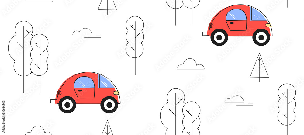 Childish seamless pattern design with cute cars and trees.Perfect for kids fabric,textile,nursery wallpaper. Childish seamless pattern design with cute cars and trees.Perfect for kids fabric,textile,nursery wallpaper.