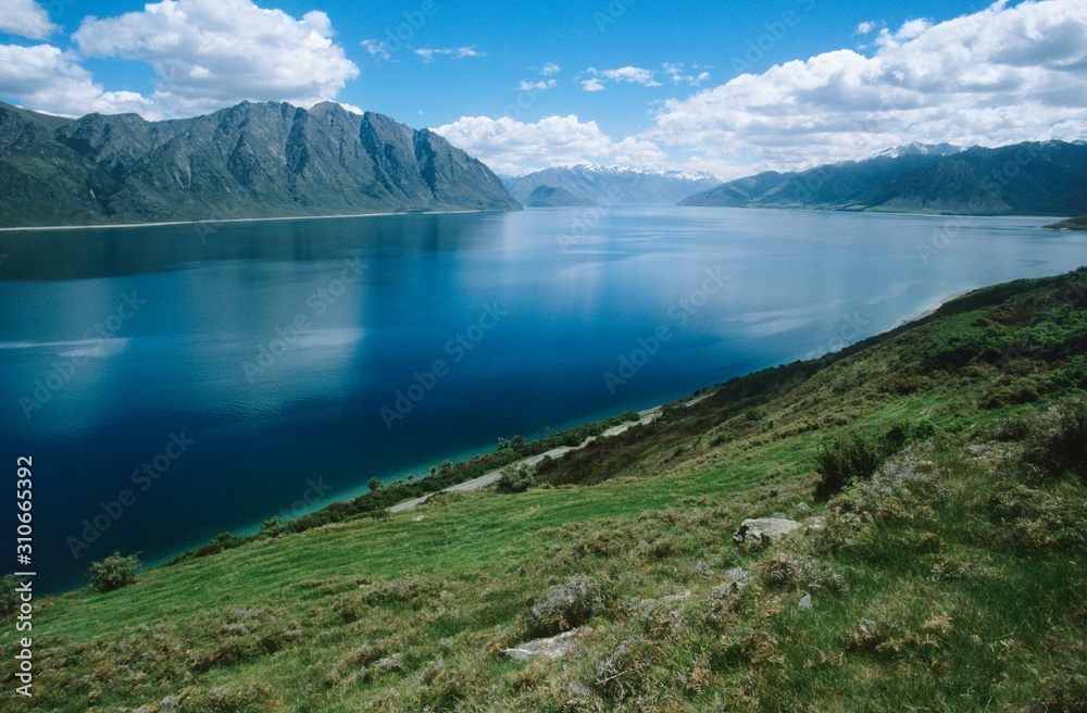 Water reservoir in mountain landscape