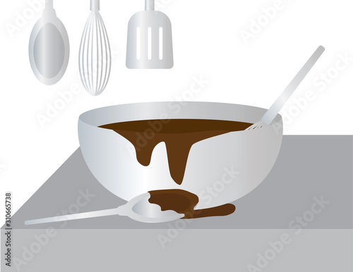 Metal Bowl with Chocolate mix on a Gray Kitchen Counter