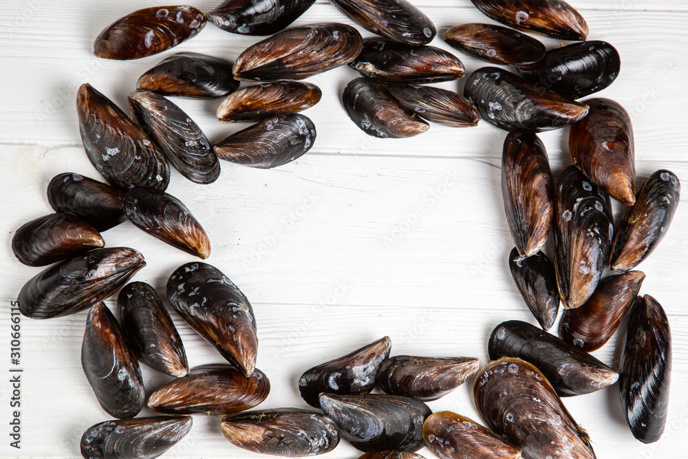 Fresh raw mussels on white wooden backgound Fresh raw mussels on white wooden backgound