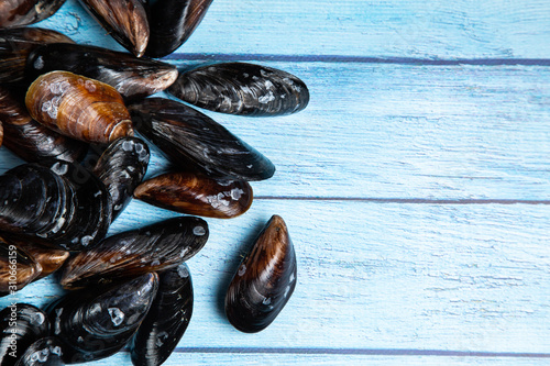 Fresh raw mussels on blue wooden backgound © bartoshd