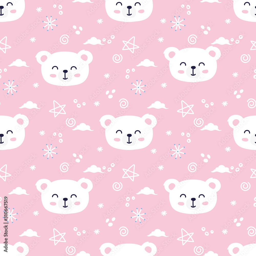 Polar bear face, cute animal, seamless pattern background. Nursery theme