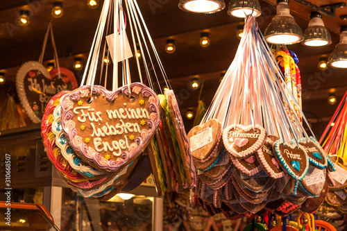 Gingerbread hearts at German Christmas Market. Traditional gingerbread cookies in Christmas Market in Berlin, Germany.