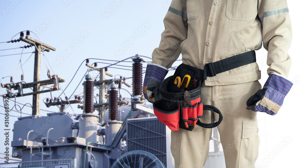 Close-up Electrician uniform with tool belt isolated on white background Close-up Electrician uniform with tool belt isolated on white background