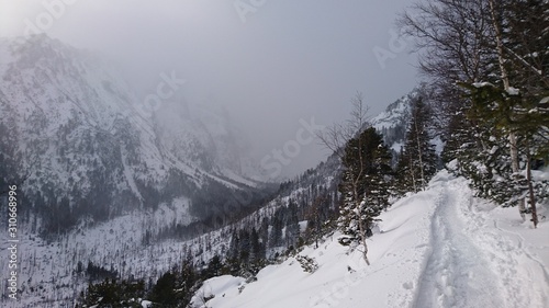 Thick snow covered path in the mountains with a snow storm ahead High Tatras