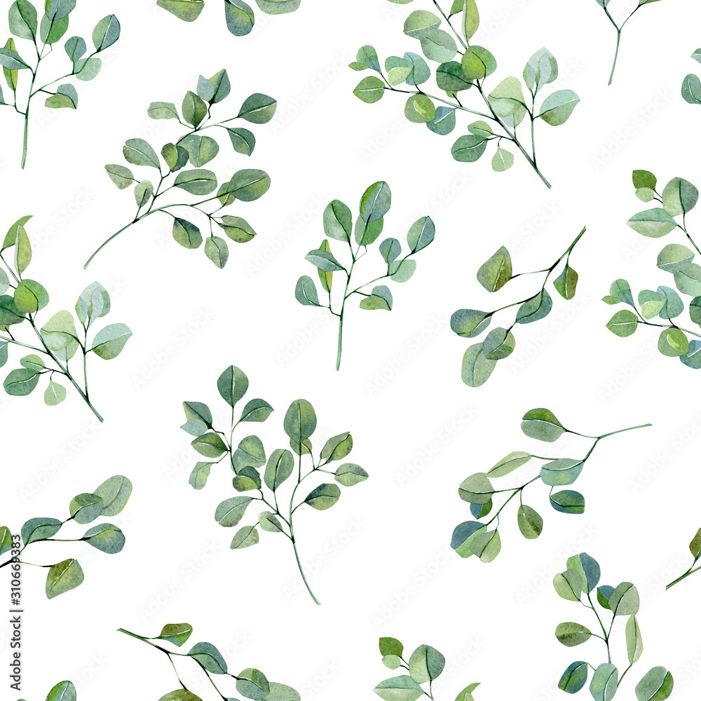 Greenery watercolor seamless pattern hand painted silver dollar eucalyptus. Nature eco design branches and leaves. Green illustration for wrapping paper, textile fabric, rustic wallpaper background.