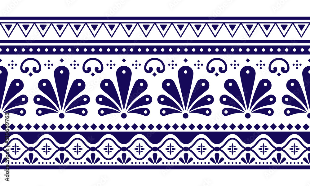 Talavera Poblana vector seamless long horizontal pattern inspired by traditional Mexican decorated pottery and ceramics