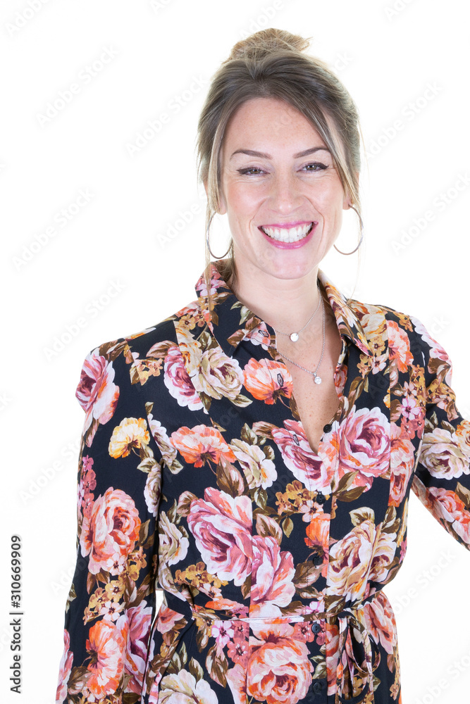 cute woman wearing flowers shirt standing over isolated white background happy face smiling looking camera positive person cute woman wearing flowers shirt standing over isolated white background happy face smiling looking camera positive person