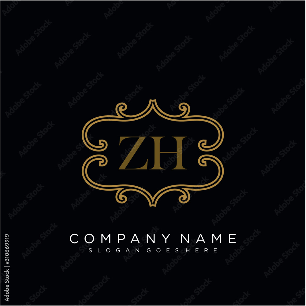 Initial letter ZH logo luxury vector mark, gold color elegant classical