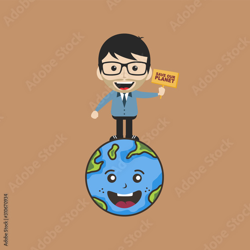 man holding sign save earth global warming campaign