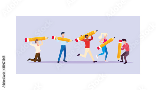 group of people with pencils to write