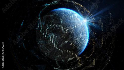 Fototapeta Naklejka Na Ścianę i Meble -  The sun's rays from the rising sun illuminate the earth in outer space. Global world network and telecommunication on earth. Elements of this image furnished by NASA - 3d illustration.