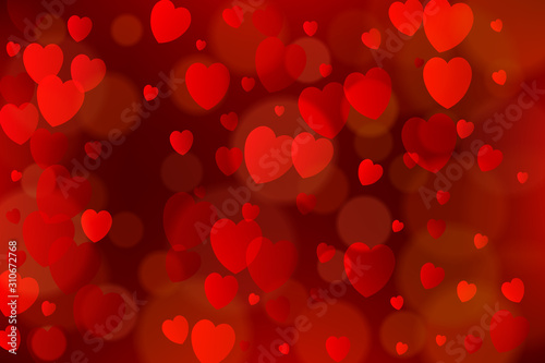 Red bokeh background with hearts, golden bokeh lights, holiday decorative effect.