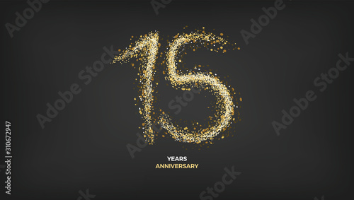 15 years anniversary black color background vector design with golden sparks decoration