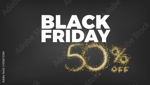 Black Friday Sale vector design. 50% discount golden background with gold sparkler light festive decoration, web, email or print banner layout template