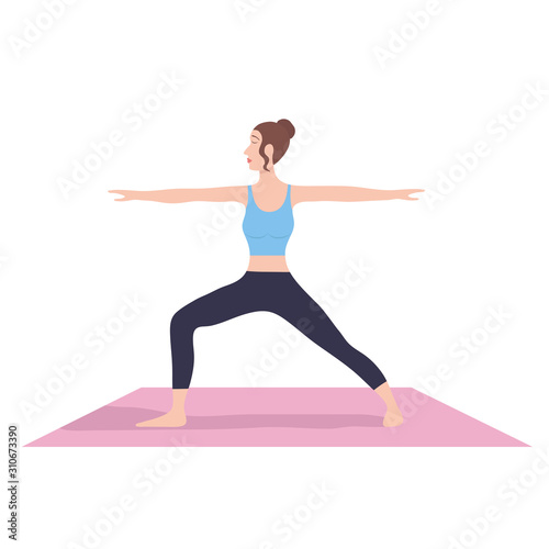 Young woman performing physical exercises. Bundle of female cartoon character demonstrating yoga position isolated on white background. Colorful flat vector illustration