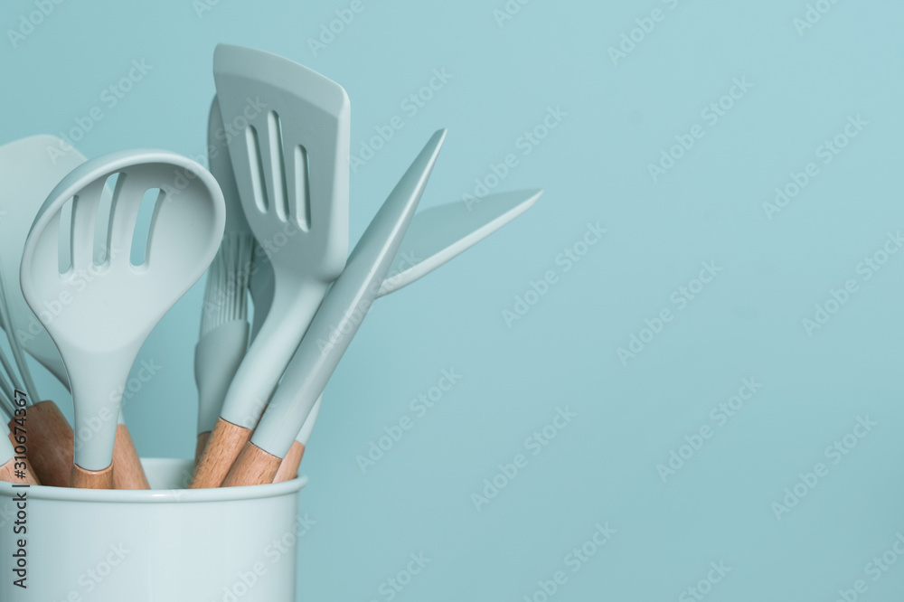 Kitchen Utensils Background with Copyspace, Home Kitchen Decor Concept, Kitchen  Tools, Rubber Accessories in Container. Restaurant Stock Image - Image of  food, country: 167170933