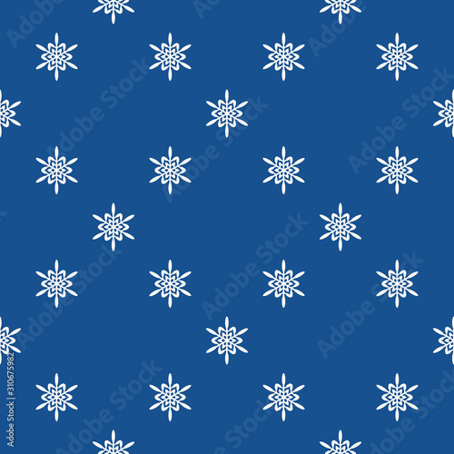 Vector geometric snowflakes seamless pattern. Minimalist winter texture with small white snow flakes on blue backdrop. Christmas and New Year theme, winter holidays background. Simple repeat design