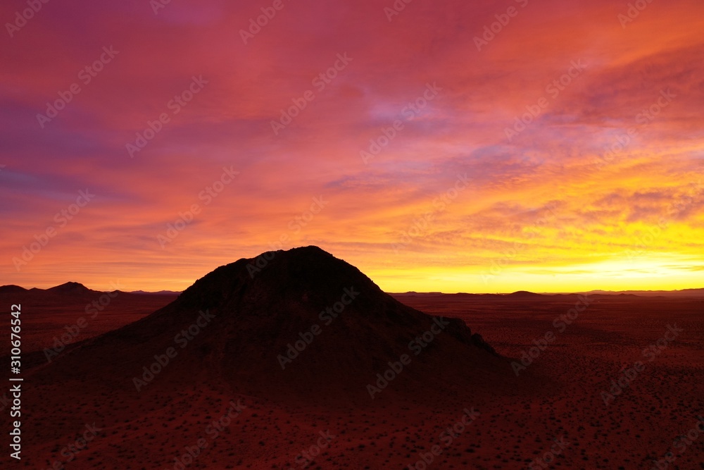 aerial view of fiery sunset sky in the mojave desert