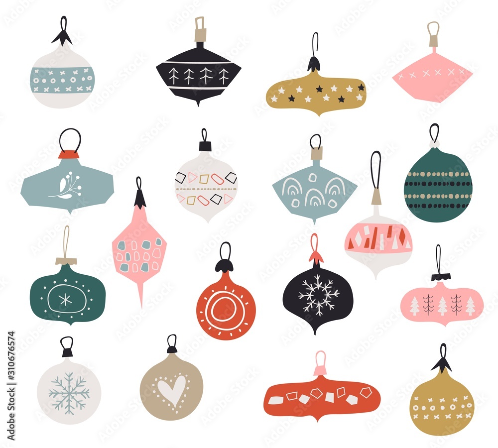 Set of hanging Christmas toys. Glass balls. Christmas nordic design for greeting cards. Vector cartoon illustrations. Isolated graphic objects. Design elements. Merry christmas and Happy New year.