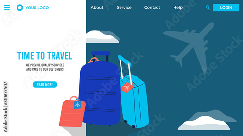 Travel bags in airport, tour agency website vector illustration