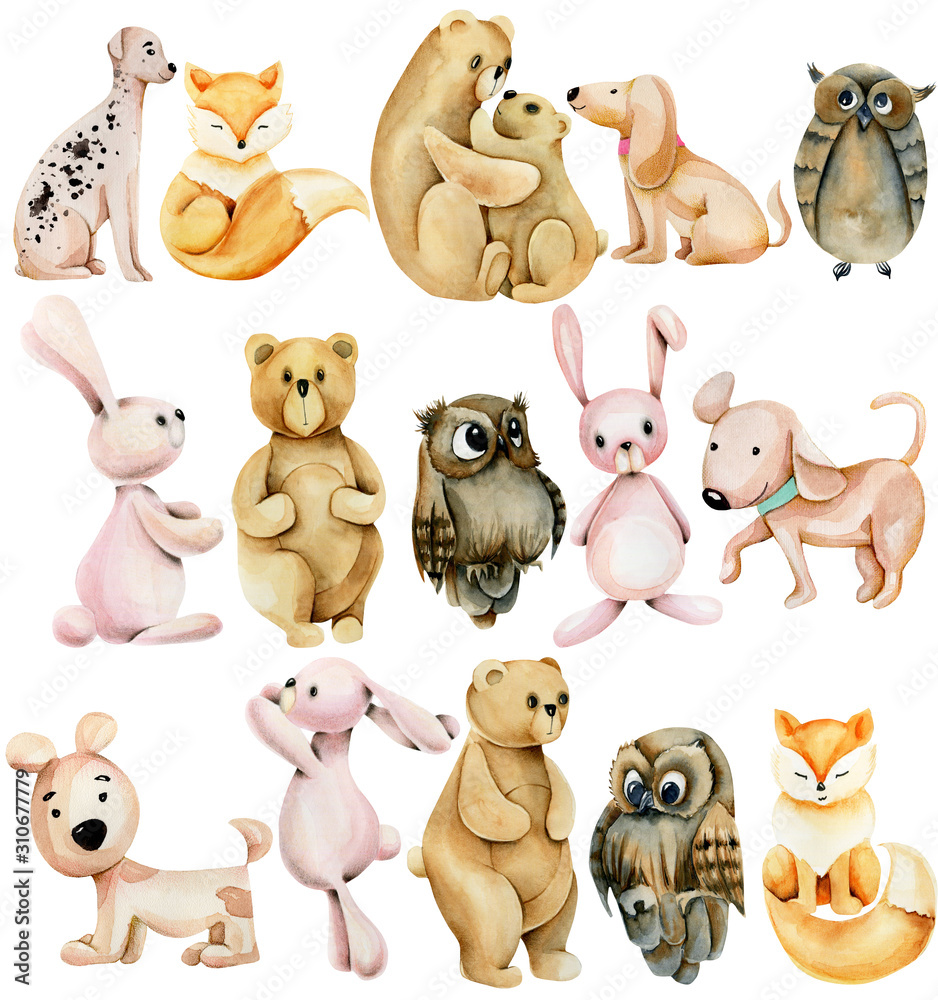 Collection of watercolor cute animals (bunnies, foxes, owls, bears and dogs), hand drawn isolated on a white background Collection of watercolor cute animals (bunnies, foxes, owls, bears and dogs), hand drawn isolated on a white background
