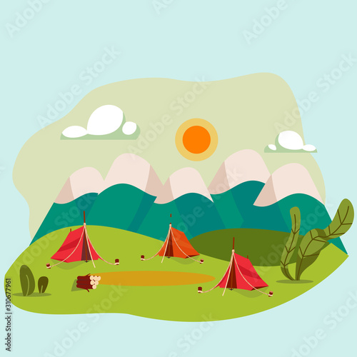 Camping in nature, outdoor landscape vector illustration