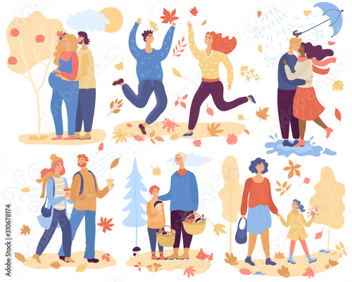 People in autumn park vector happy man woman and kid character walking in love picking leaves mushrooms outdoor. Illustration set of kissing and jumping couple in the fall isolated on white background