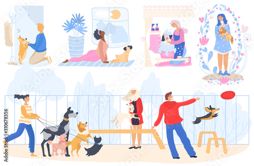People with dogs vector woman washing cute pet and doing yoga. Man training and playing with doggy outdoor. Illustration set of happy dog-breeders characters loving their doggie animal friends
