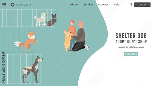 People adopting dog from animal shelter, vector illustration
