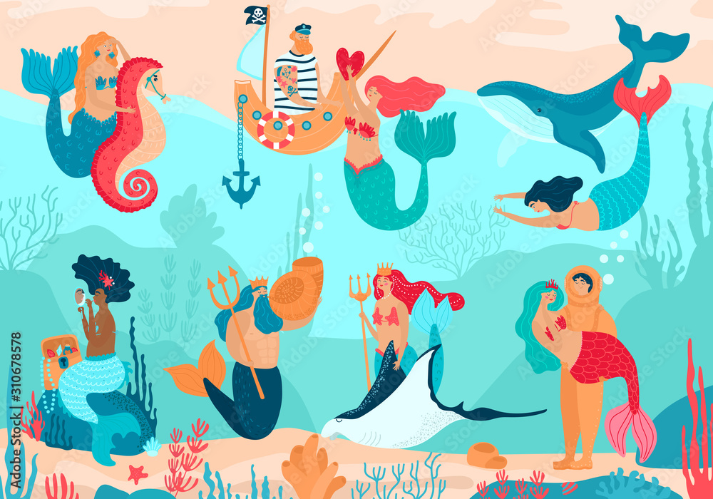 Mermaid vector cartoon beautiful girl princess and merman living underwater  in ocean with sea animals whale and seahorse. Illustration set of fantasy  pretty woman with tail on seaboard loving a sailor Stock