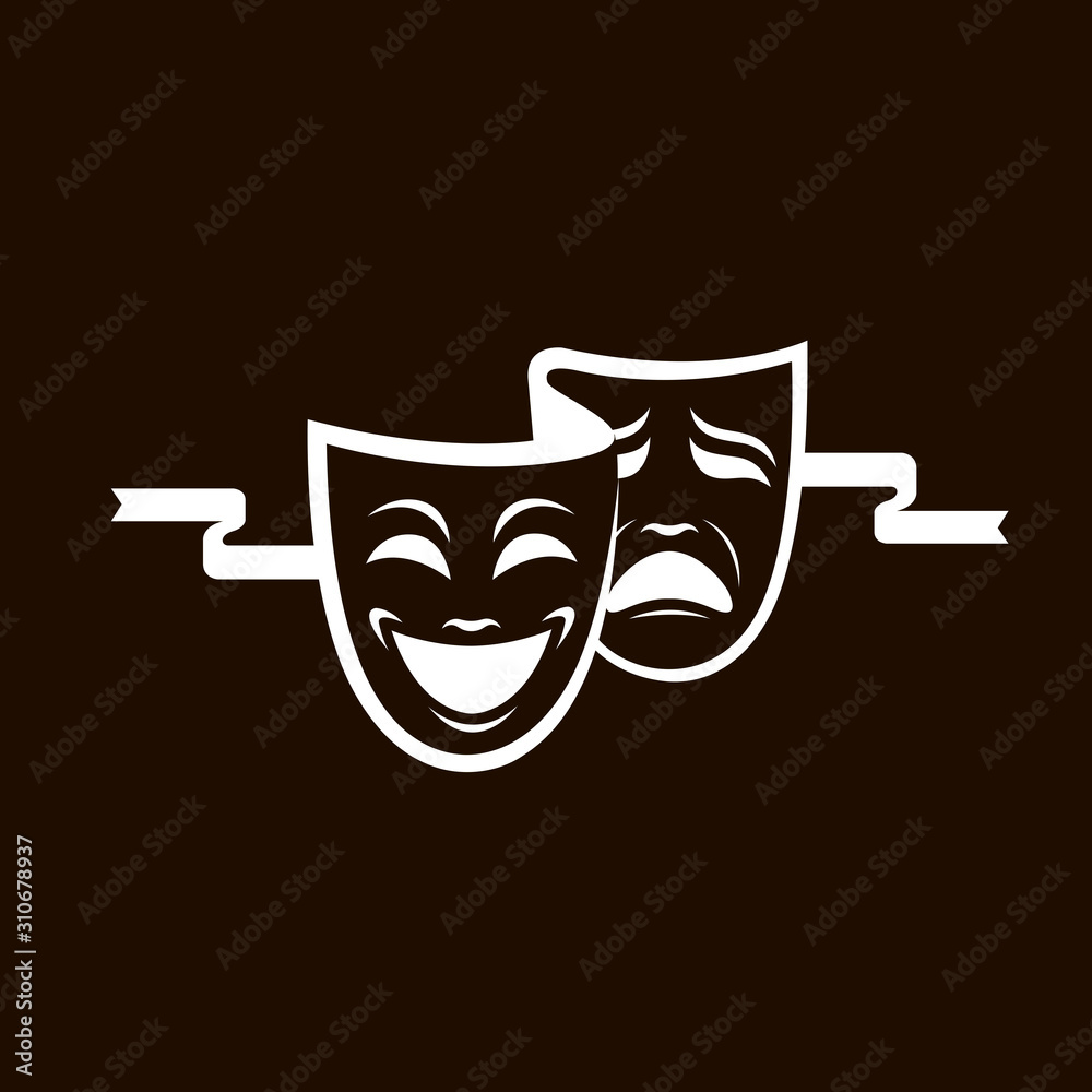 illustration of comedy and tragedy theatrical masks isolated on black background - obrazy, fototapety, plakaty 