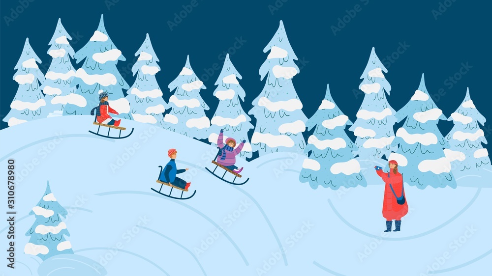 Fototapeta Children sledding in winter forest, fun outdoor activity vector illustration