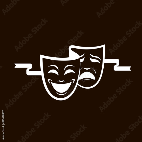 illustration of comedy and tragedy theatrical masks isolated on black background